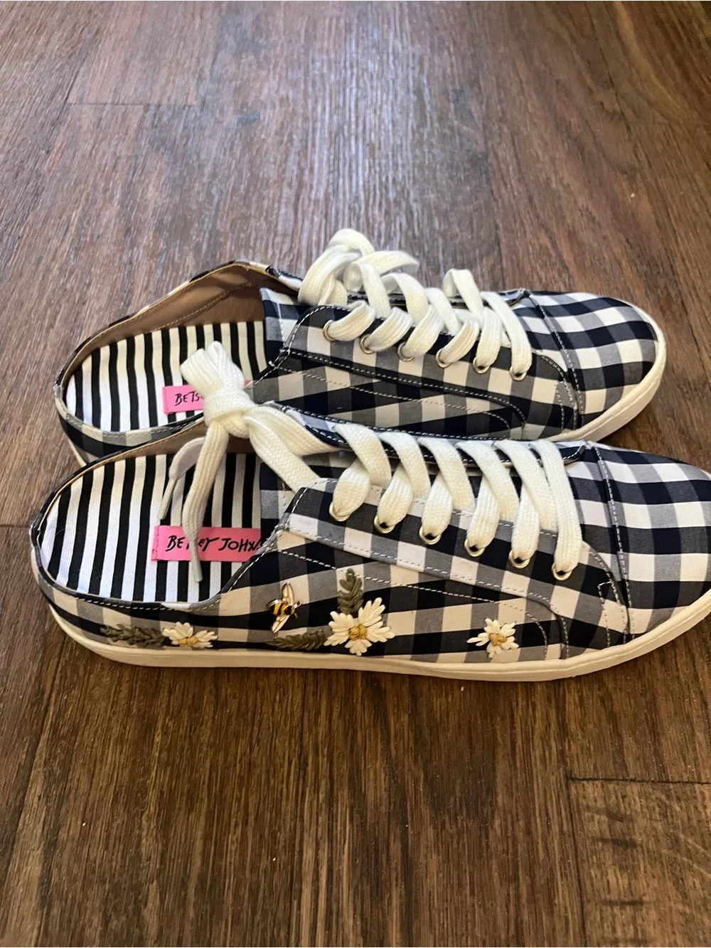 Betsey Johnson Navy & White Gingham Lace-Up Sneakers with Daisy Embroidery 11